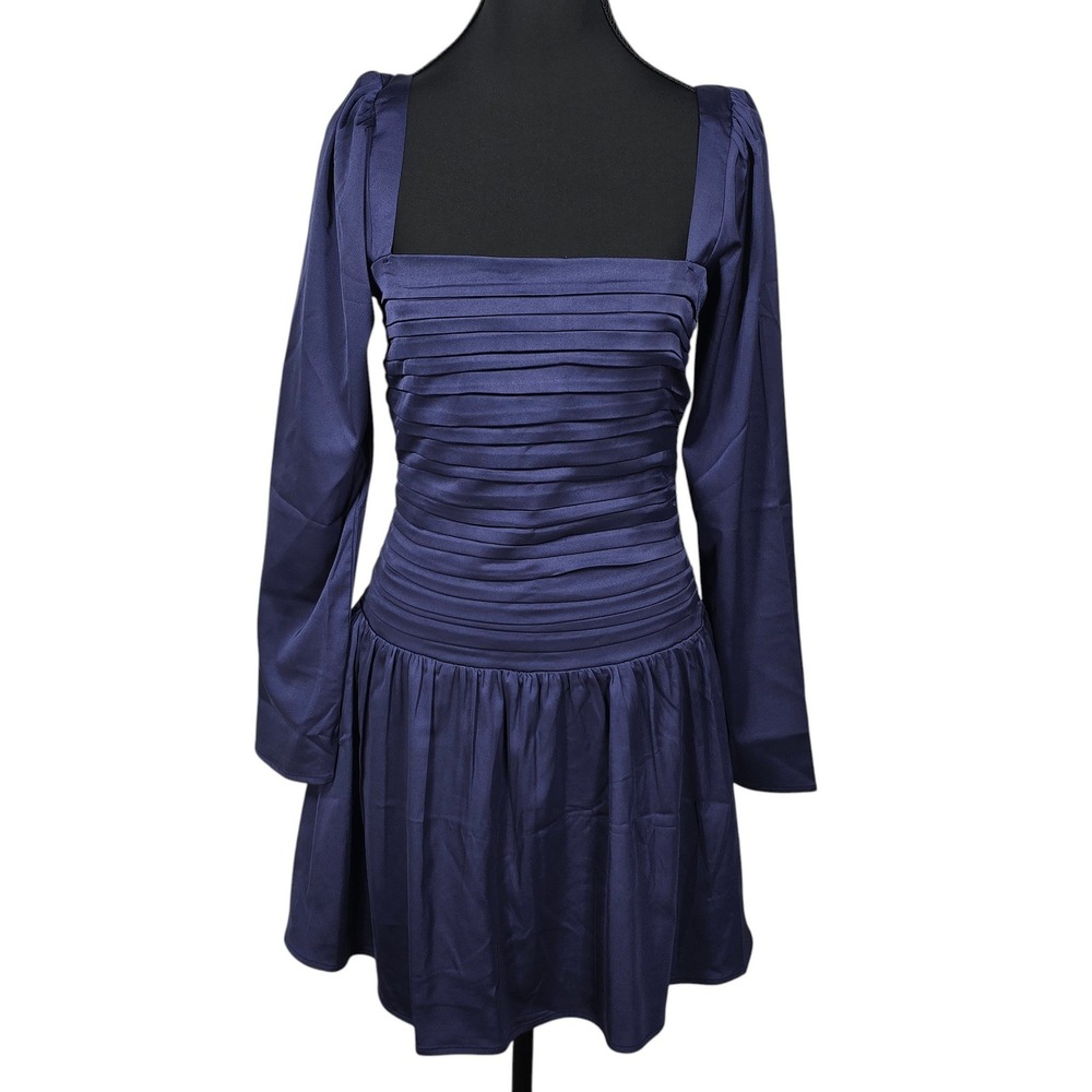Abercrombie & Fitch Navy Blue Satin Ruched Square Neck Long Sleeve Mini Dress S
